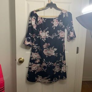 Navy blue dress with 3/4 length ruffle sleeves- comes to knee